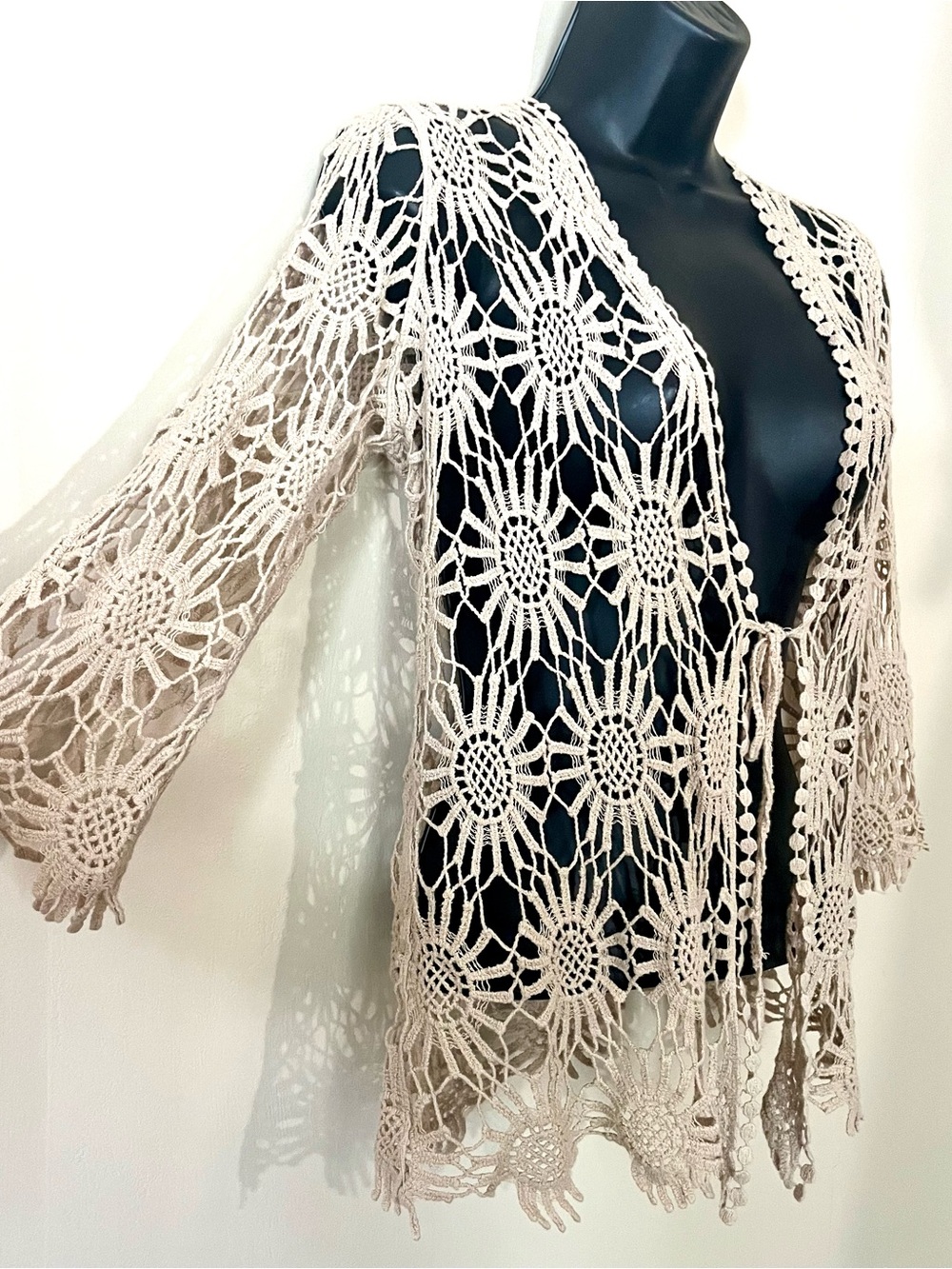 Y2k crochet tie front cardigan open knit M boho festival fairy feminine cream